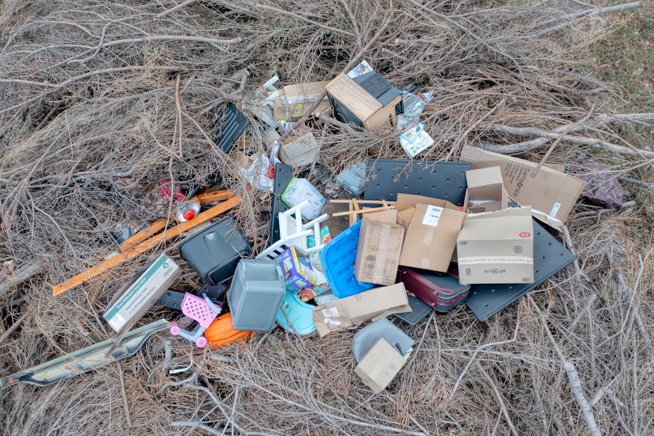 A pile of assorted household rubbish and discarded items lies on a dry, grassy surface, partially surrounded by leafless, tangled branches and twigs. The collected waste includes various materials such as grey plastic storage containers, cardboard boxes in different sizes, some flattened and others still in box form, a small wooden cabinet or drawer unit, and a black plastic tray. There are also a few smaller items like a red soda can, a pink plastic object, and a blue plastic basket. Some materials show signs of weathering, with dirt and dust visible on the surfaces, and the cardboard boxes have printed labels and barcodes. The scene appears to be outdoors, possibly on a pavement or patch of ground next to shrubbery or a wooded area, suggesting an unsupervised or illegal dumping site. This image illustrates the type of waste items commonly associated with private removal or on-site clearance, which Waste Removal Kentish Town can help to manage as part of their rubbish removal services.