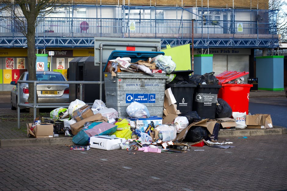 A large collection of mixed household waste and rubbish, including cardboard boxes, paper, plastic bags, and packaging materials, piled around and spilling out of multiple refuse bins in an outdoor urban setting. The bins include a grey bin for mixed paper and card, a black bin, and a bright red bin, all placed on a paved surface. Many waste items are scattered on the ground nearby, with some leaning against the bins and others on the pavement. In the background, there is a building with a blue metal railing on the upper floor, and a row of shop fronts with signage and closed roller shutters. A single tree stands beside the waste collection area, with its trunk partially visible on the left side of the image. The scene is evenly lit, suggesting daytime, and the overall environment appears to be a designated outdoor rubbish collection point, possibly an alternative waste disposal area serviced by private waste removal companies such as Waste Removal Kentish Town.