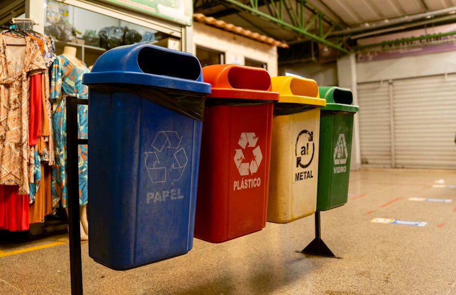 Three large black wheelie bins are positioned side by side on a paved outdoor surface, each fitted with a differently coloured lid: the left bin has a dark grey lid, the middle bin has a yellow lid, and the right bin has a blue lid. The bins are made of sturdy plastic with a textured surface and are marked with labels featuring icons and striped red and white hazard patterns, indicating their use for recycling or waste disposal. The lids are flat with slightly raised edges, and appear to be made of smooth, durable plastic. Behind the bins, there is a tall, green metal fence with vertical slats secured by horizontal supports, providing boundary fencing for the waste collection area. The background shows a blurred, leafy environment suggesting an outdoor setting. The scene is illuminated by natural daylight, casting subtle shadows on the asphalt pavement, which displays small cracks and scattered debris, characteristic of an urban or suburban waste management zone. Waste Removal Kentish Town's service for rubbish disposal is demonstrated in the context of organized waste separation for private disposal outside regulated council schemes.