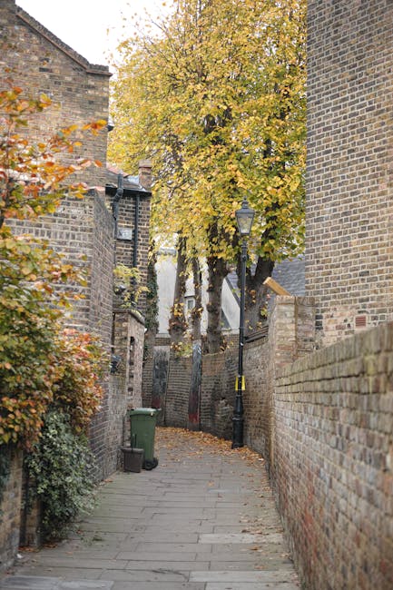 The image depicts a small urban outdoor area located on a paved surface, possibly a back alley or courtyard, with a tall, black, vintage-style lamppost positioned centrally. Attached to the lamppost is a yellow warning or informational sign. Surrounding the area are graffiti-covered concrete structures and low walls, with visible tags and spray paint in various colors, predominantly black and orange. In the background, there are metal fences, some with additional graffiti, enclosing what appears to be a small garden or storage area filled with leafless trees and additional urban debris. To the right, part of a brick wall and a green metal fence are visible, with some cardboard boxes and other discarded items stacked nearby. The overall scene appears to be in a neglected, public space affected by graffiti and litter, reflecting common urban waste collection and rubbish disposal challenges, possibly indicating a need for private rubbish removal or on-site clearance services provided by Waste Removal Kentish Town.
